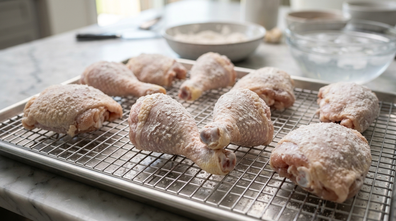 Double-dipped chicken coated in delicate translucent starch powder for Jollibee Chickenjoy Recipe