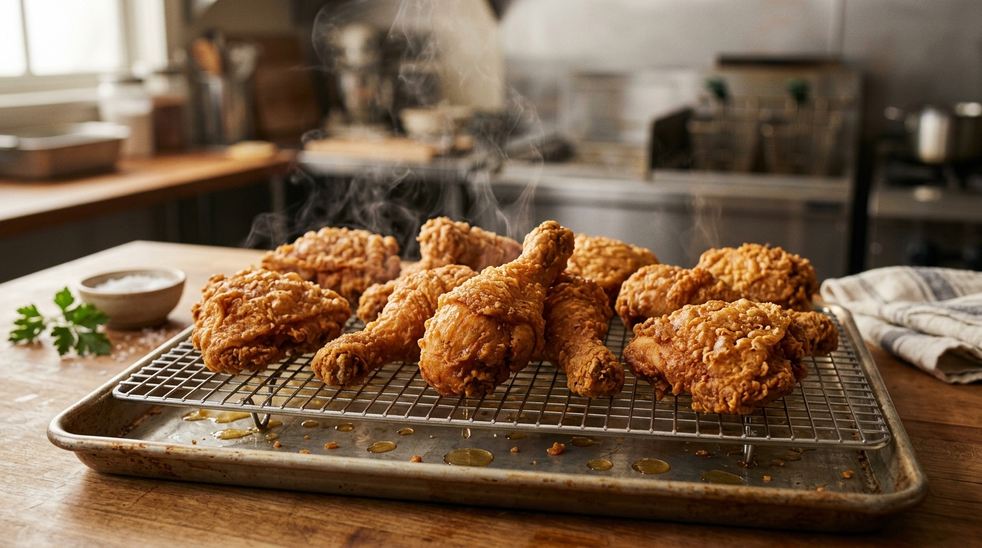 Crispy Jollibee Chickenjoy drumstick dipped into warm savory brown gravy revealing juicy tender chicken