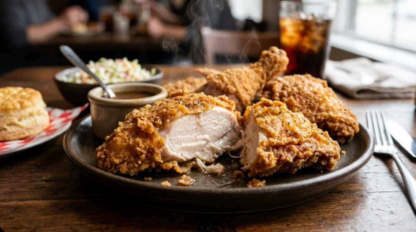 KFC Original Recipe Fried Chicken with golden crispy crust, flaky biscuits, and coleslaw