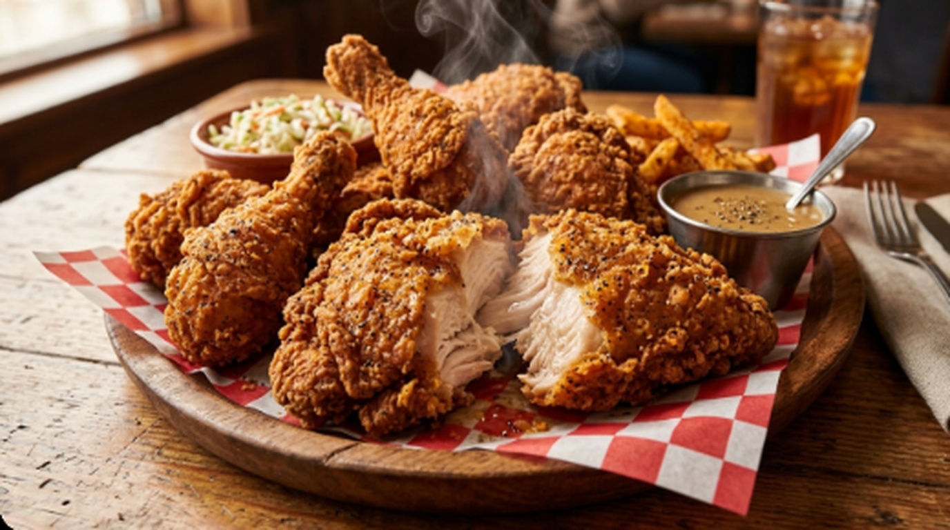KFC Original Recipe fried chicken pieces on checkered wax paper with gravy and sides
