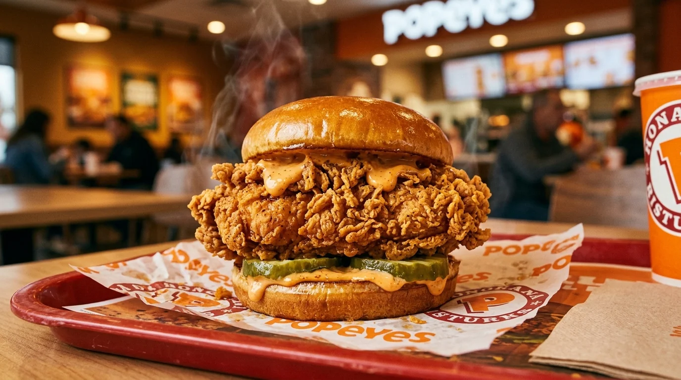 Popeyes Chicken Sandwich Recipe with craggy buttermilk-fried chicken, spicy mayo, and pickles