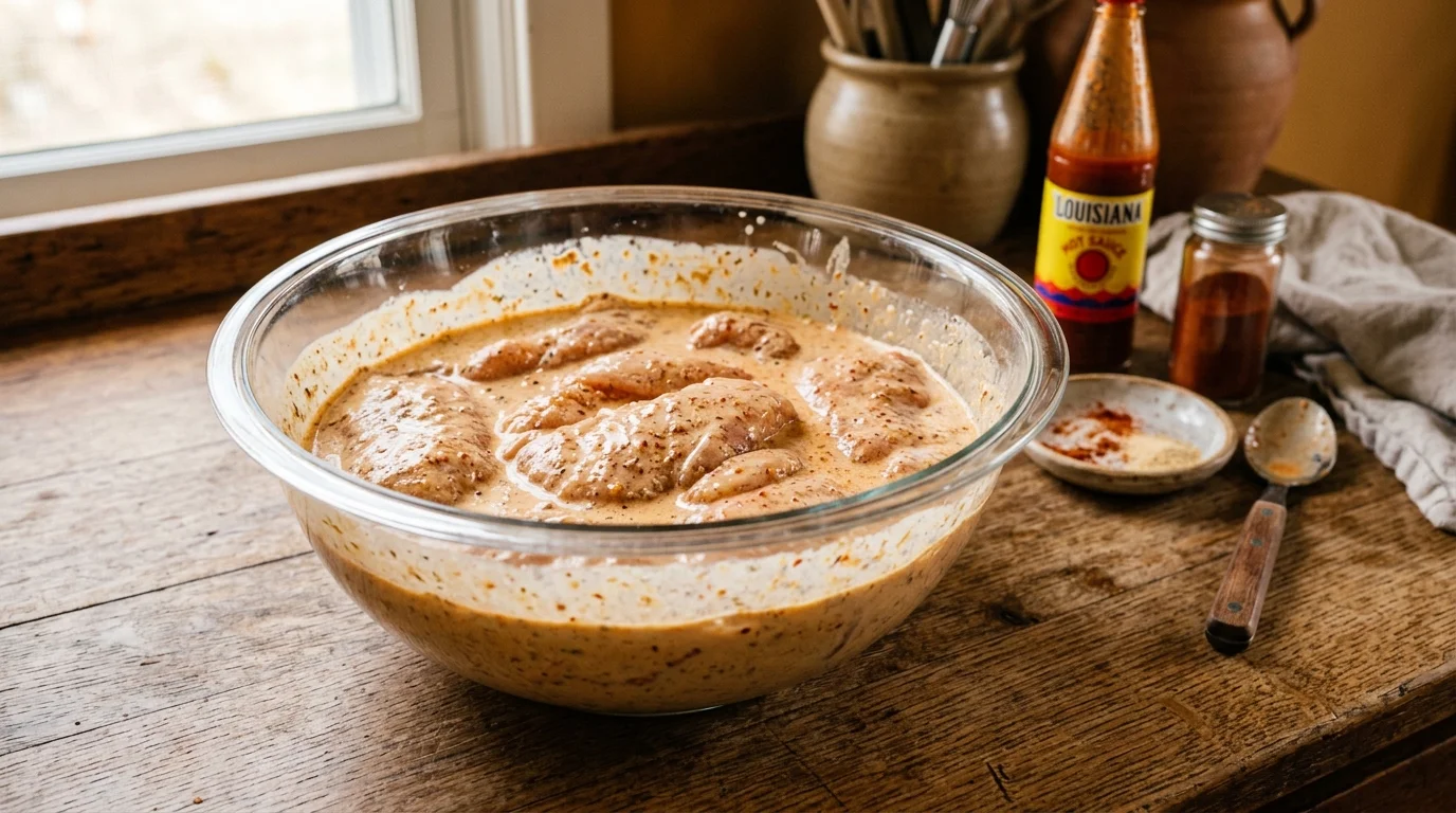Chicken breast cutlets marinating in spiced buttermilk and hot sauce for the Popeyes Chicken Sandwich Recipe