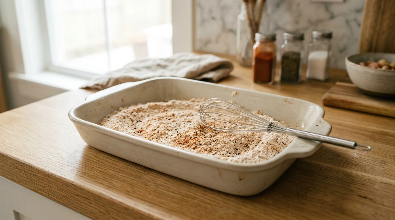 Seasoned flour dredge with cornstarch and Cajun spices for the Popeyes Chicken Sandwich Recipe