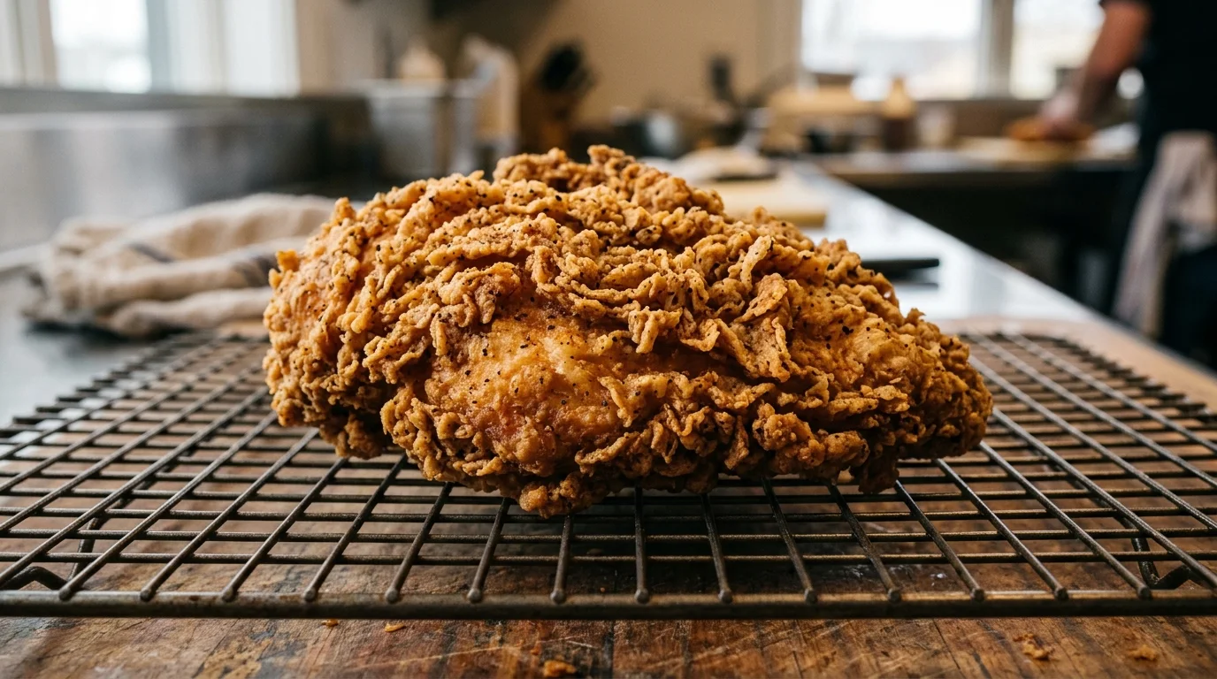 Double-dredged chicken cutlet showing craggy flour ruffles for the Popeyes Chicken Sandwich Recipe