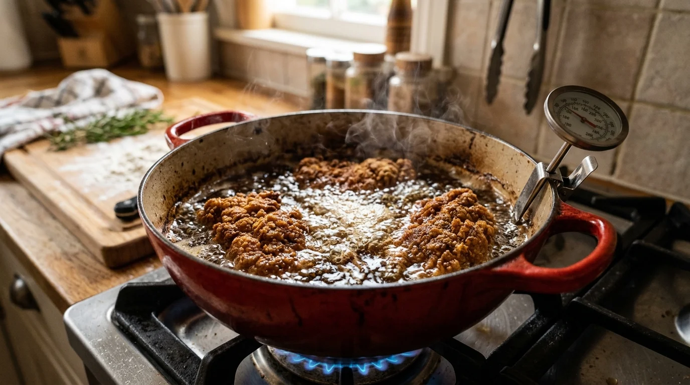 Craggy chicken cutlet deep frying in cast iron Dutch oven at 350F for Popeyes Chicken Sandwich Recipe