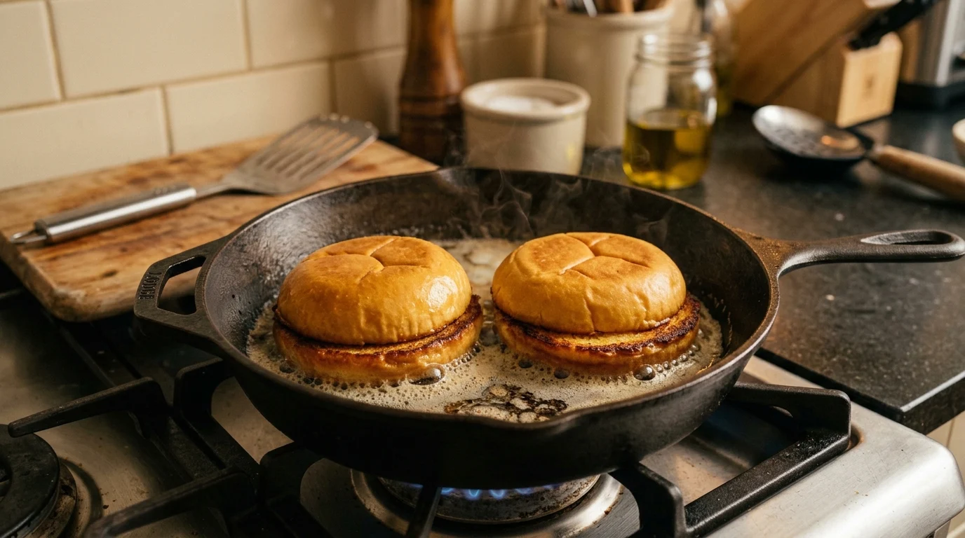 Golden brioche hamburger buns toasted in melted butter for the Popeyes Chicken Sandwich Recipe