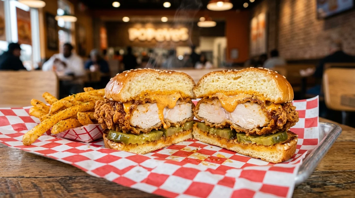 Popeyes Chicken Sandwich Recipe cut in half showing juicy interior and crunchy craggy crust