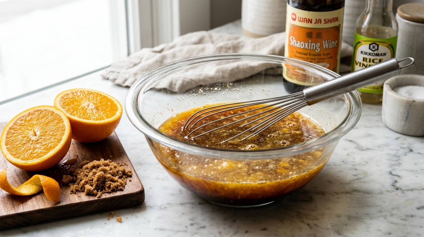 Whisking fresh orange juice, soy sauce, and vinegars for Panda Express Orange Chicken Sauce
