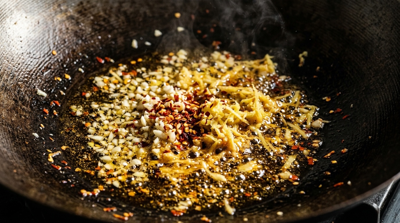 Sautéing minced garlic, ginger, and red chili flakes in carbon steel wok