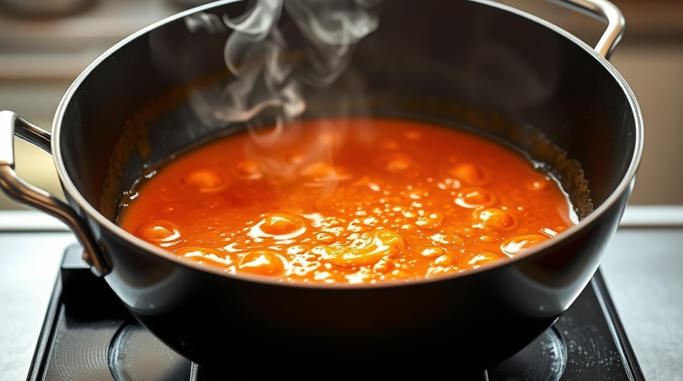 Simmering the liquid sauce mixture in carbon steel wok