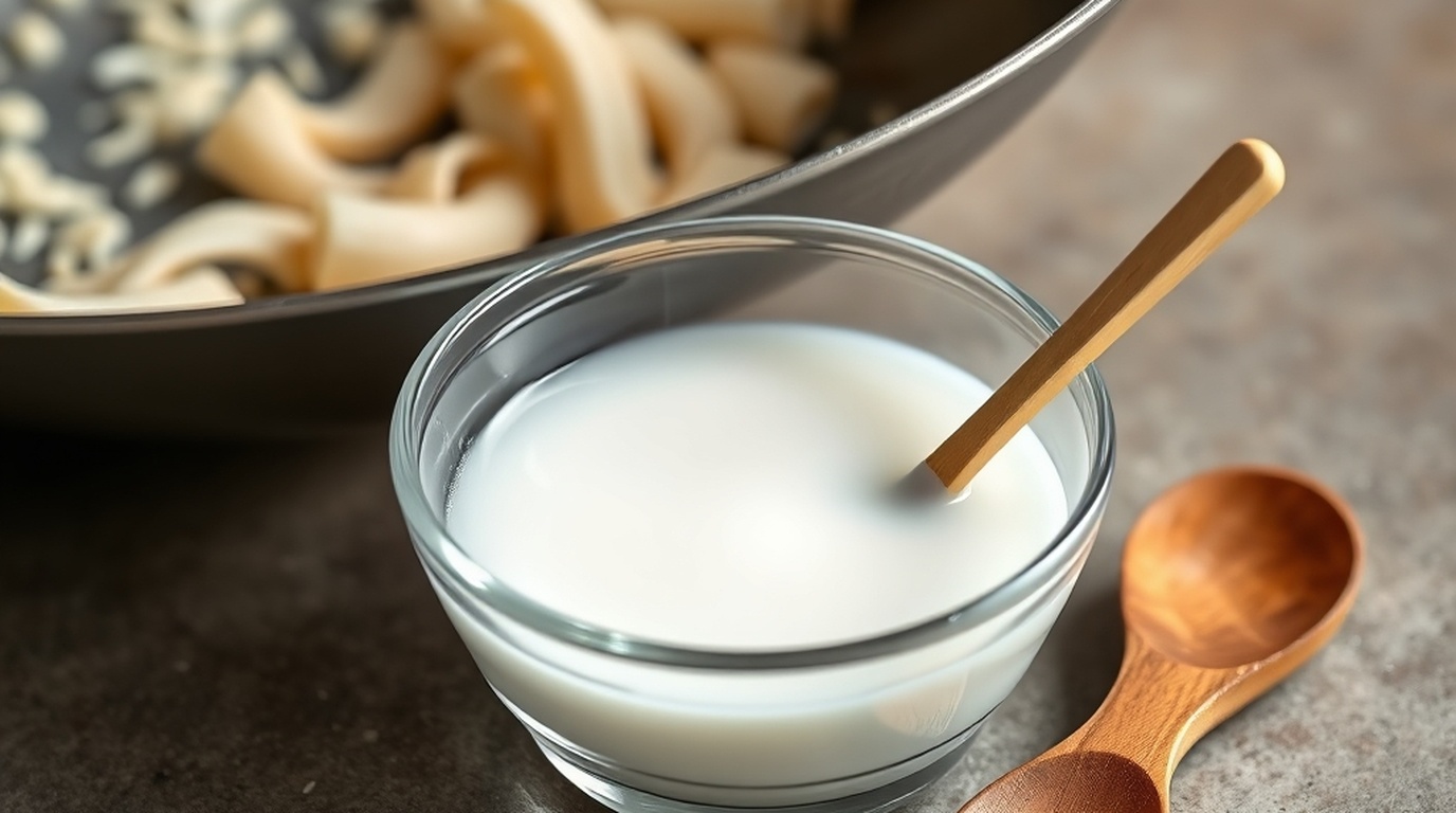 Mixing smooth cornstarch slurry in a glass prep bowl