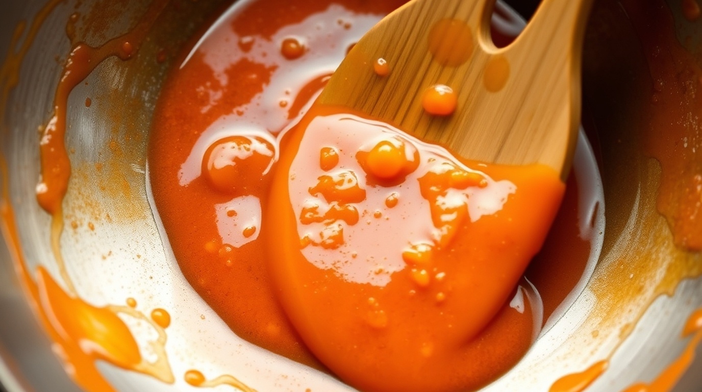 Thickening the glossy orange glaze in carbon steel wok