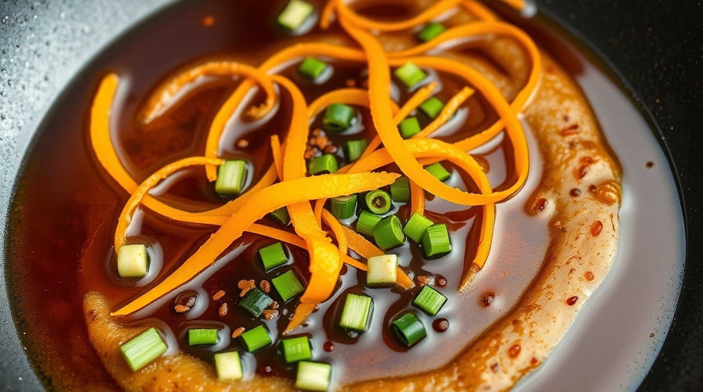 Adding fresh orange zest ribbons and sesame oil into the finished orange glaze