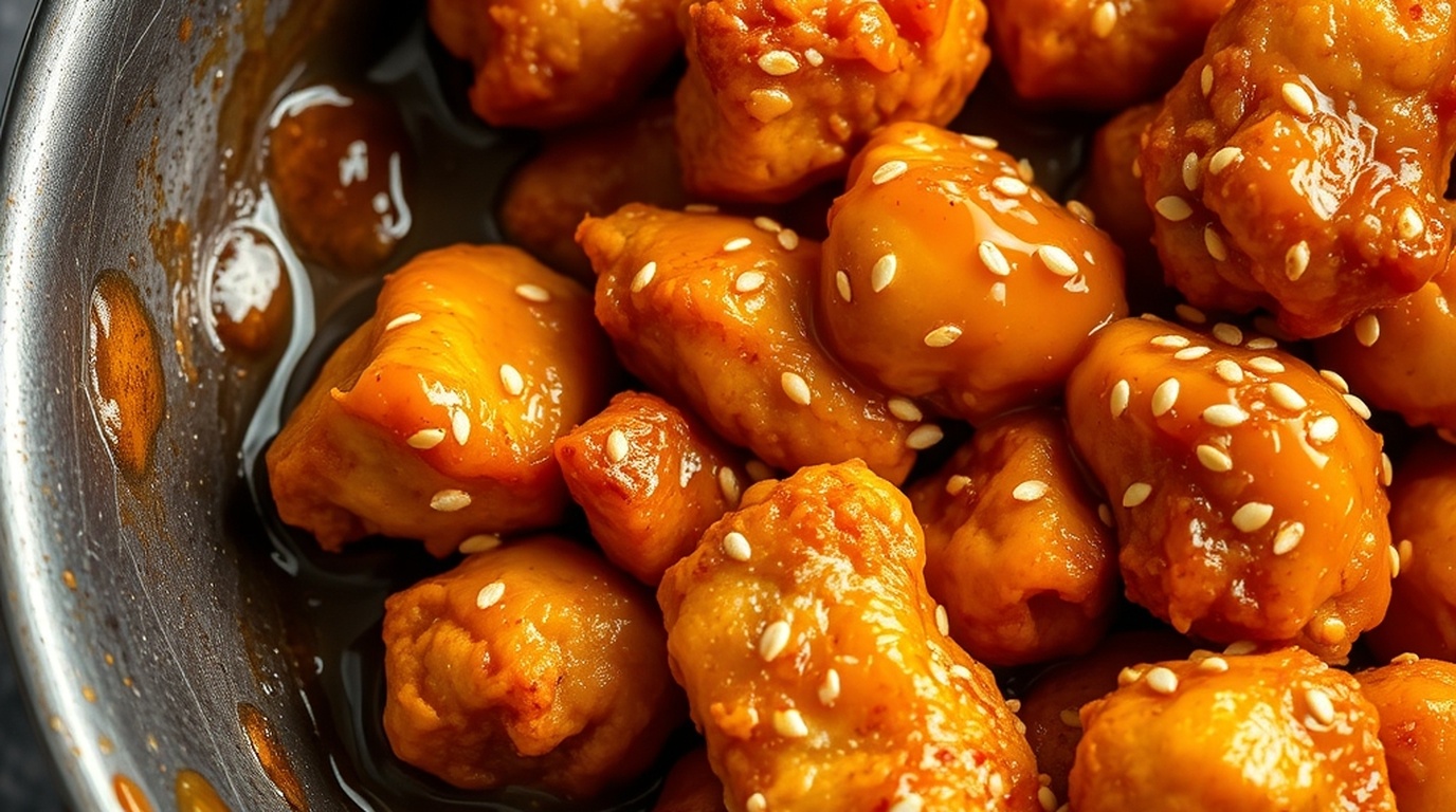 Crispy golden chicken tossed and glazed in hot Panda Express Orange Chicken Sauce in wok