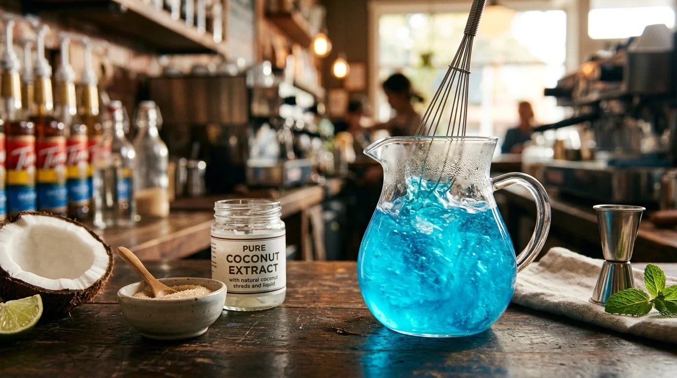 Step 1 mixing blue coconut simple syrup in glass beaker