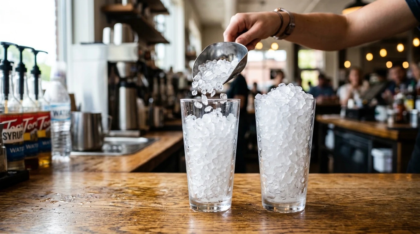 Step 2 packing tall glass with Sonic style crushed pebble nugget ice