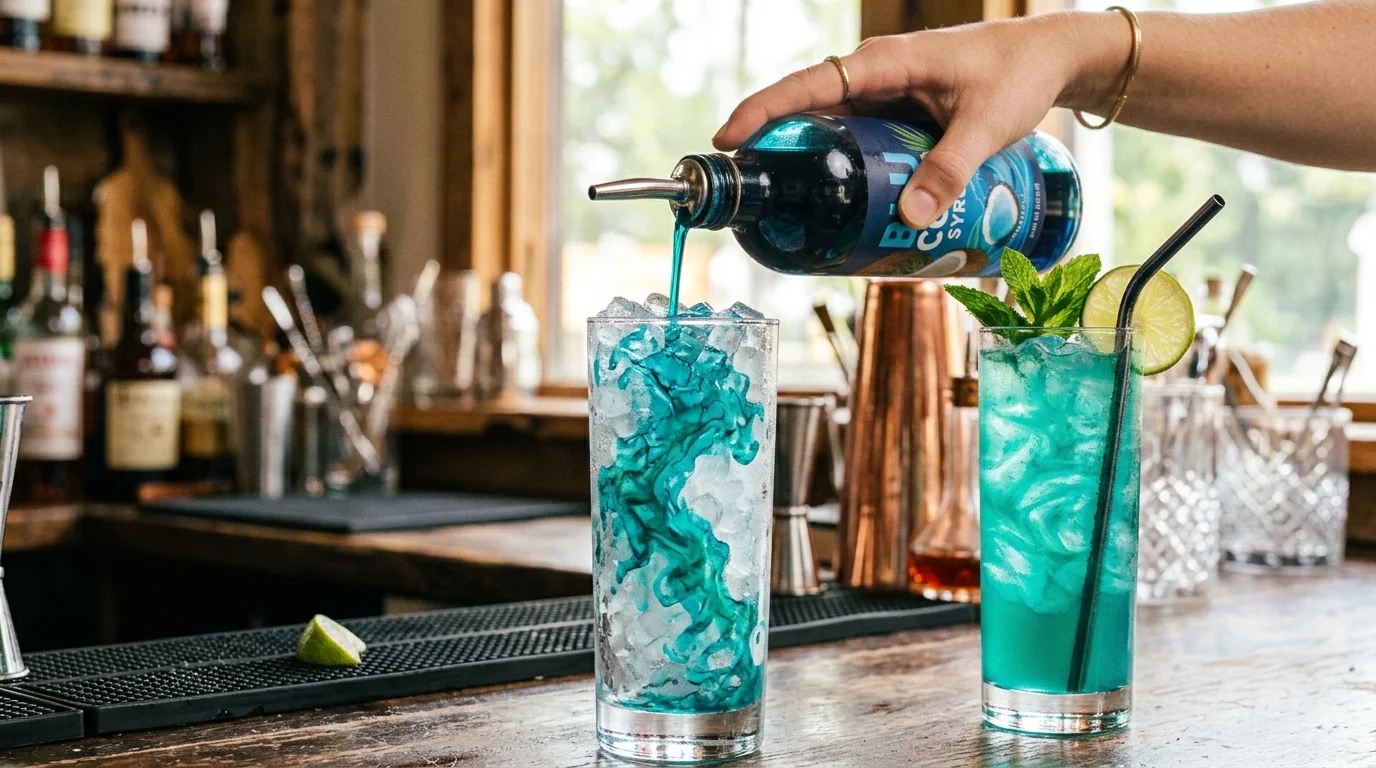 Step 3 pouring vibrant electric blue coconut syrup over crushed ice