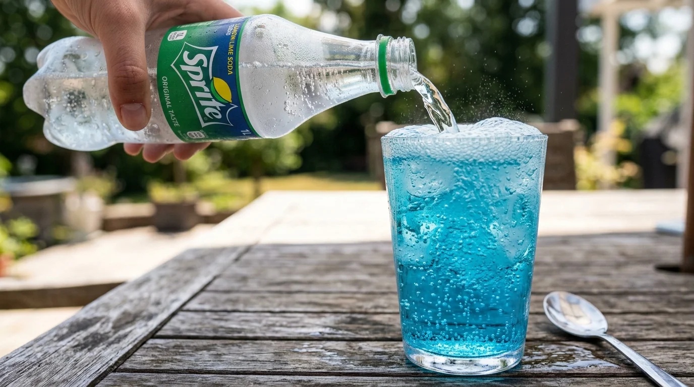 Step 4 pouring sparkling Sprite soda into blue drink with fizz