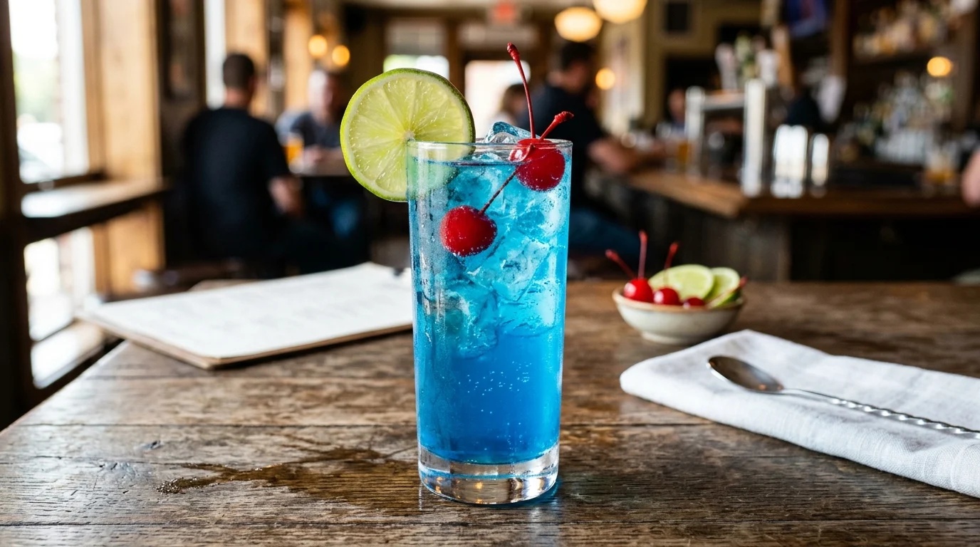 Step 5 garnishing Sonic ocean water with maraschino cherry and lime
