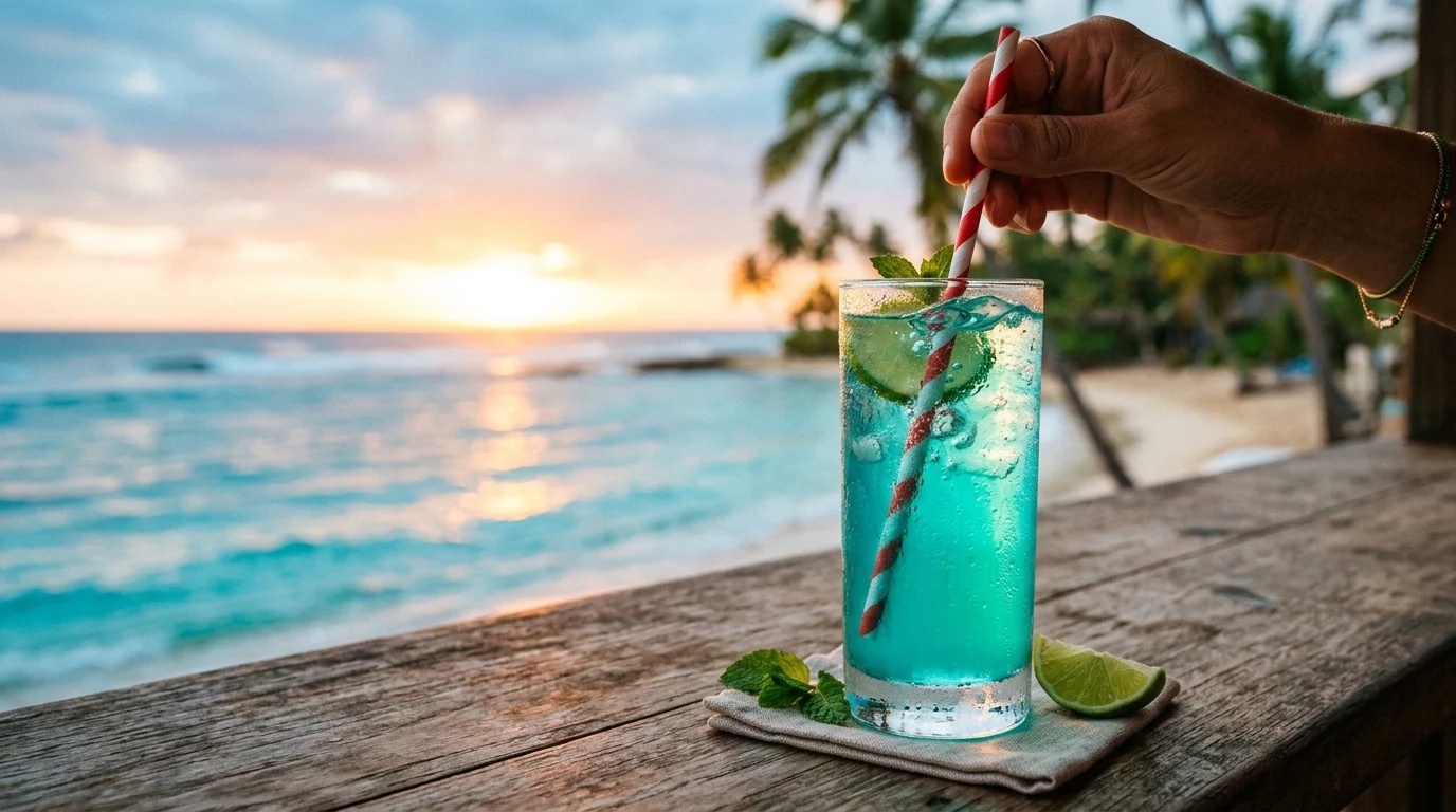 Step 6 stirred blue cocktail drink with condensation droplets