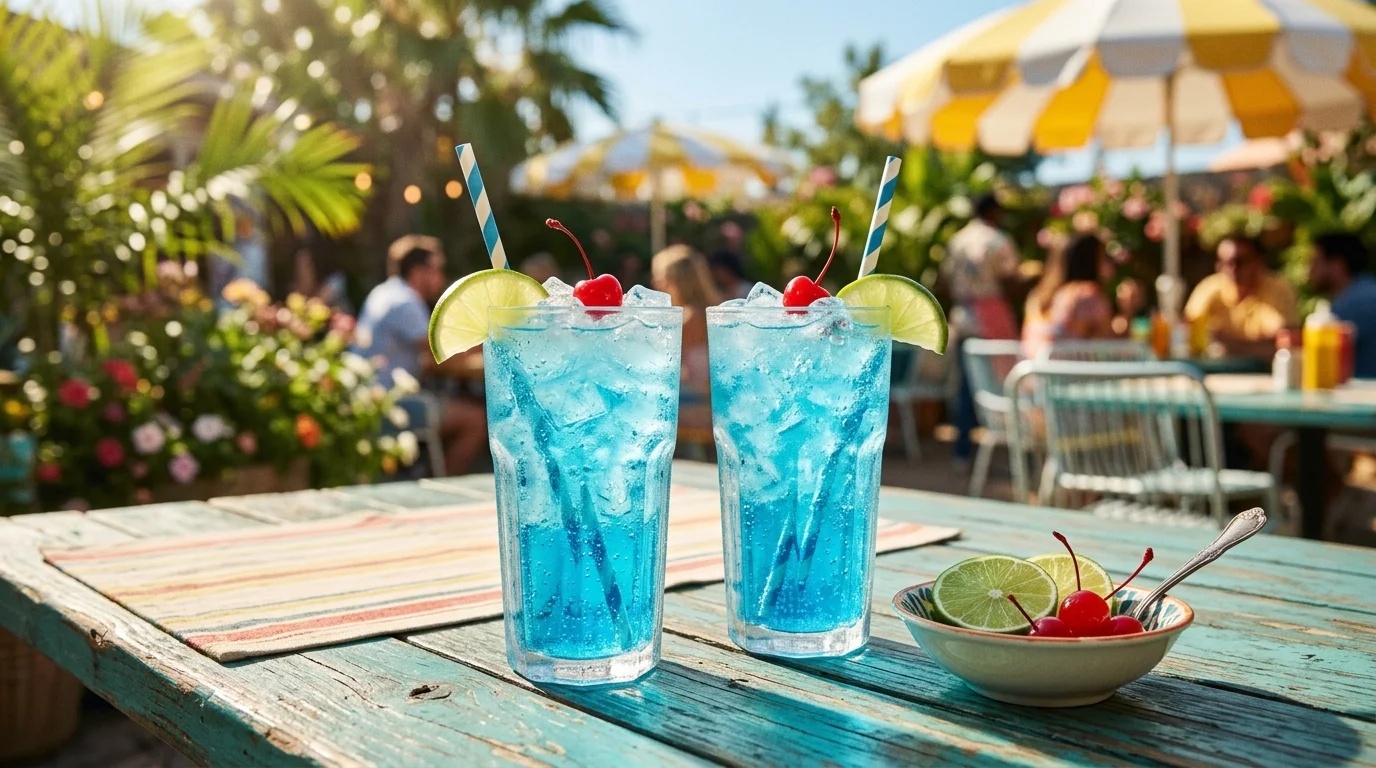 Two tall glasses of Sonic Ocean Water drinks on retro patio