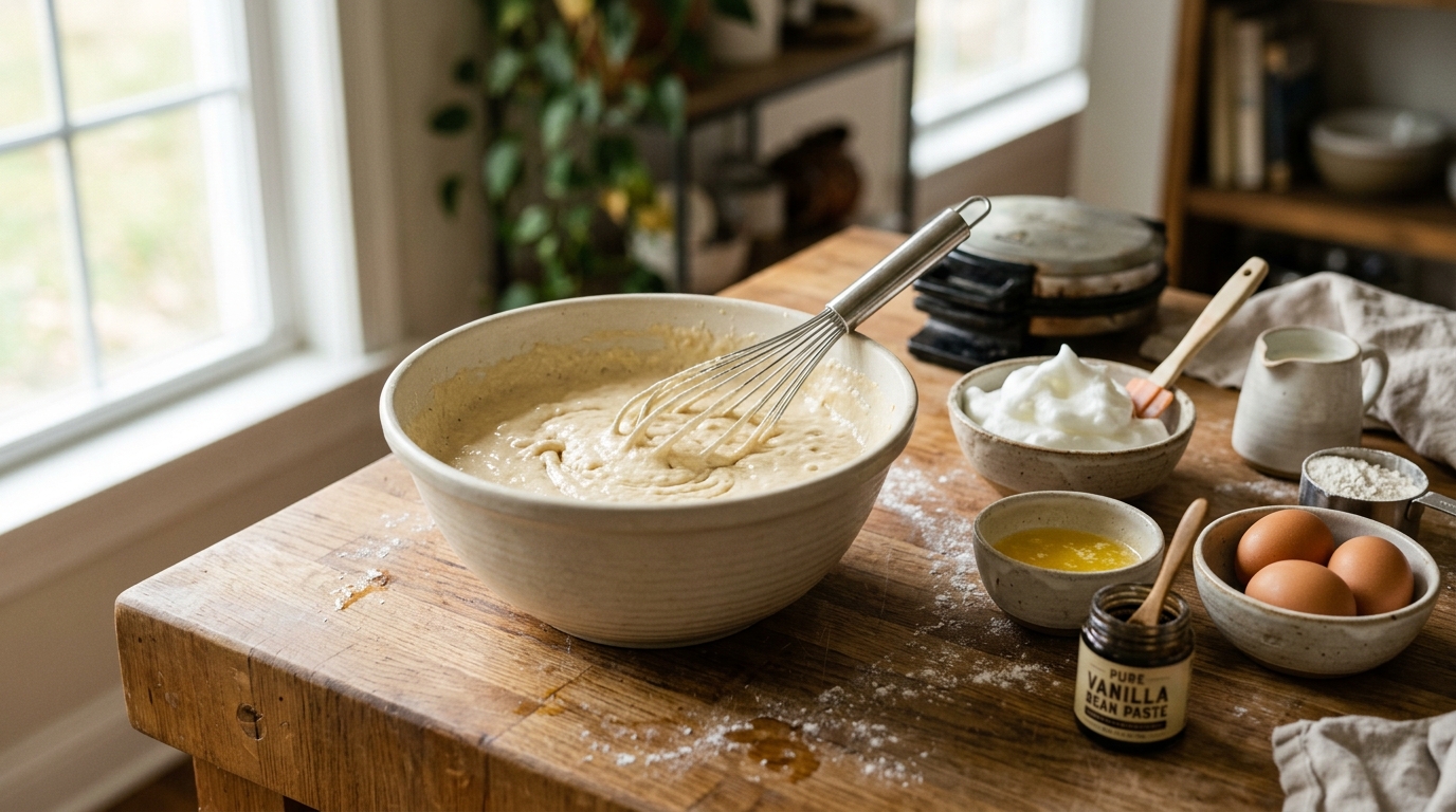 Whisking Belgian waffle batter with whipped egg whites