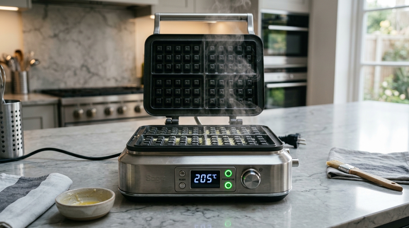 Preheating Belgian waffle maker to optimal temperature