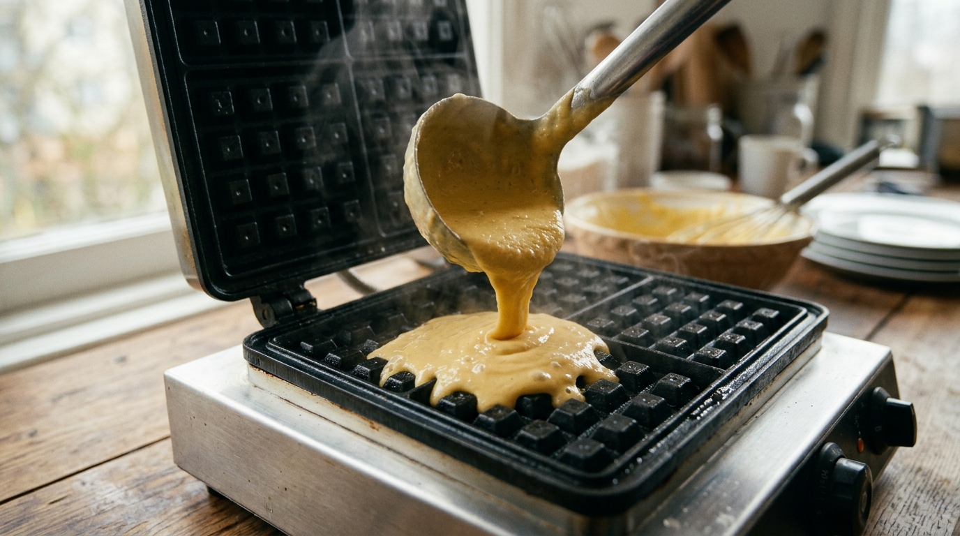 Pouring golden waffle batter onto deep nonstick grid