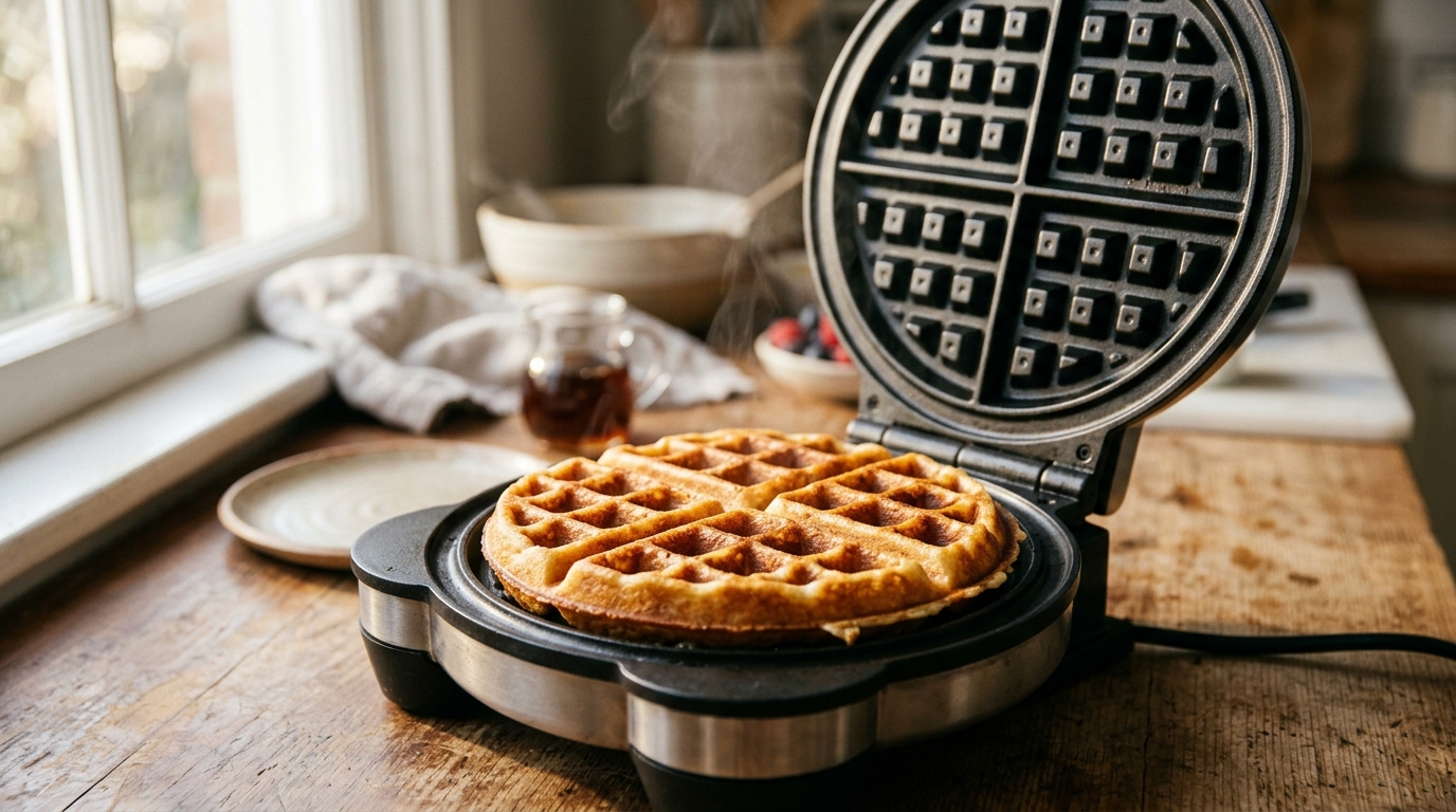 Opening waffle iron to reveal golden crisp Belgian waffle