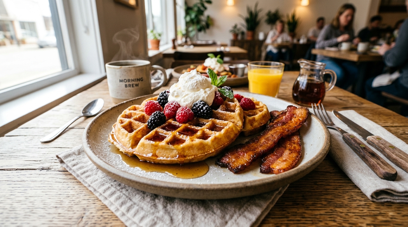 Plated Belgian waffles with berries and maple syrup