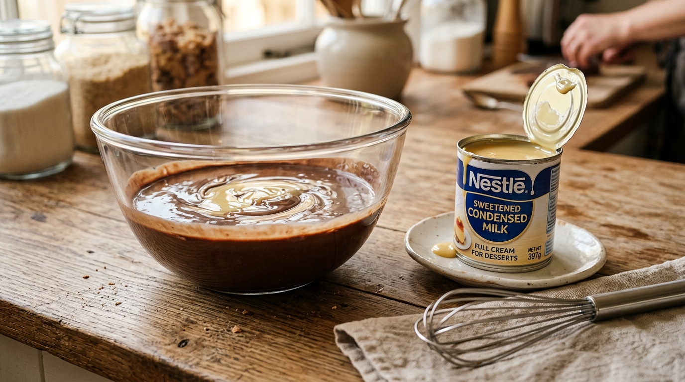 Pouring thick sweetened condensed milk into chocolate milk for Wendy's Frosty Recipe