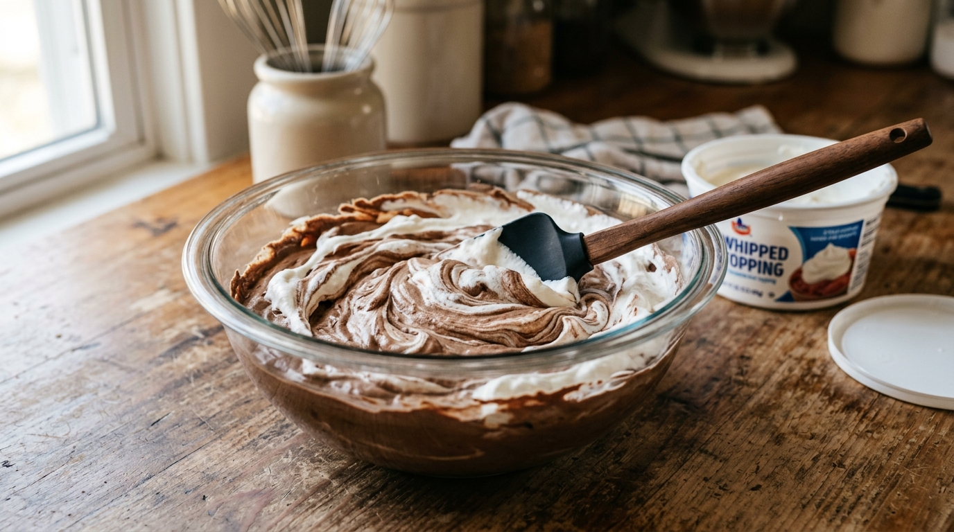 Folding airy Cool Whip into the chocolate mixture with a spatula for Wendy's Frosty Recipe