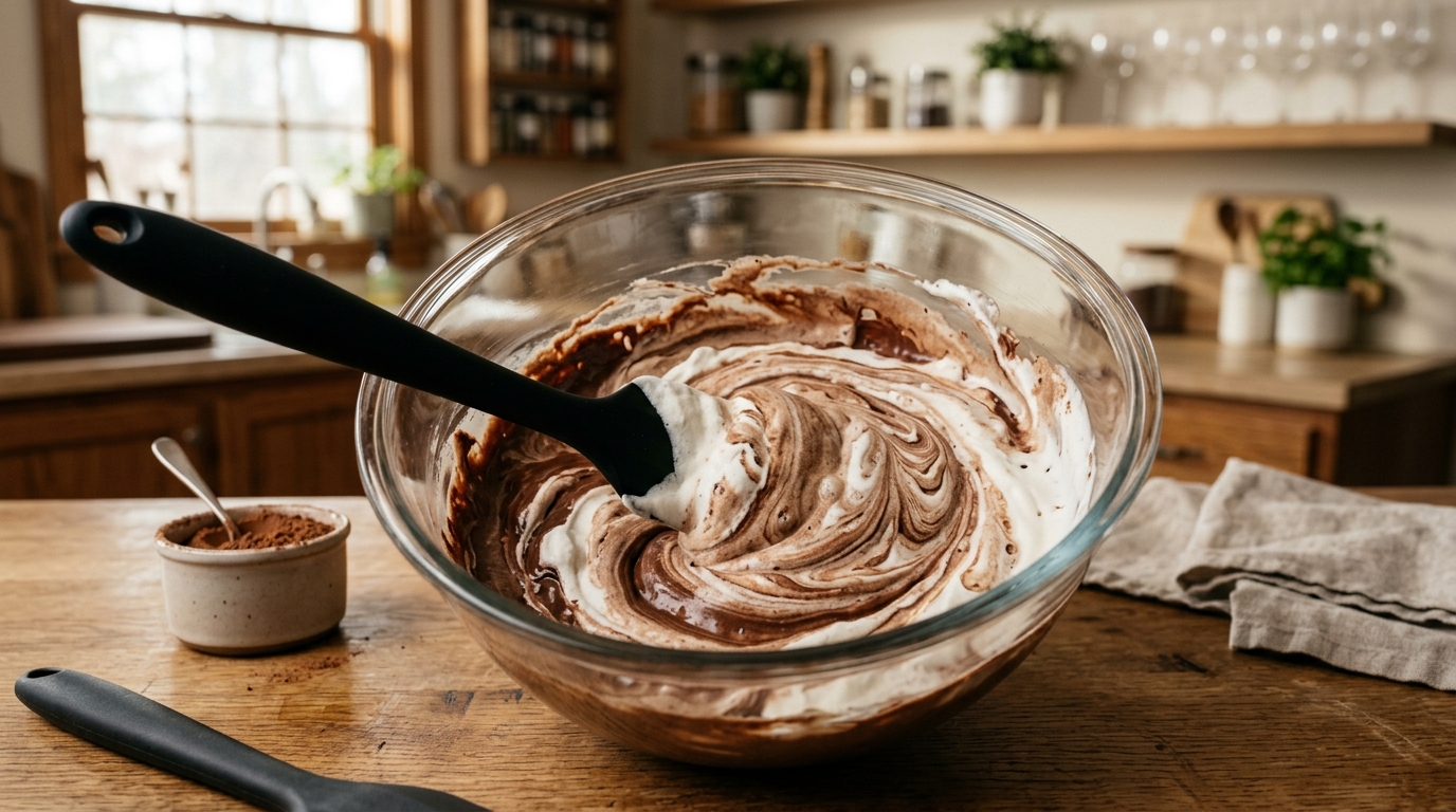 Pouring the smooth chocolate Frosty base into a freezer pan for Wendy's Frosty Recipe