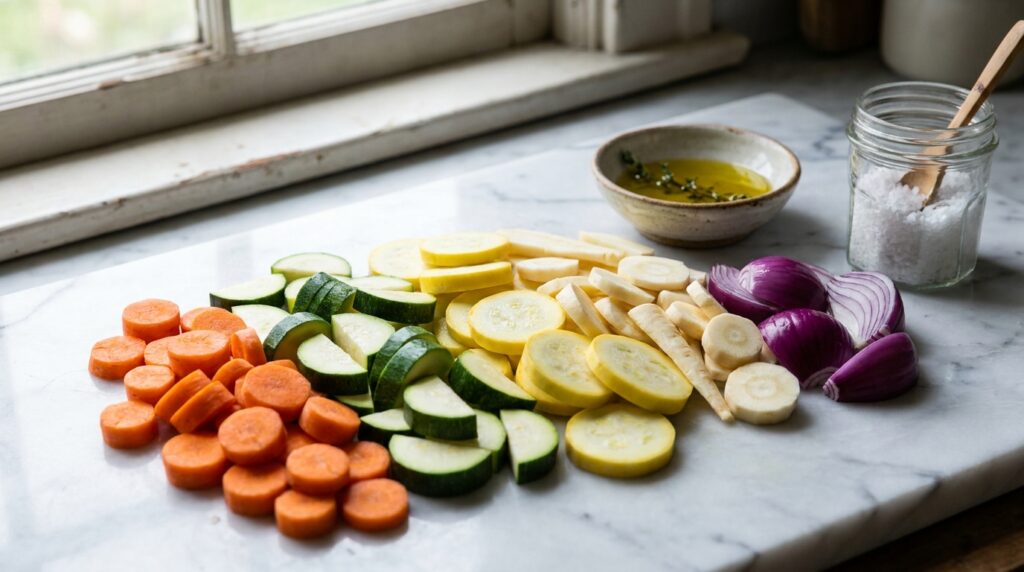 Chopped carrots zucchini squash parsnips and onion on a marble countertop