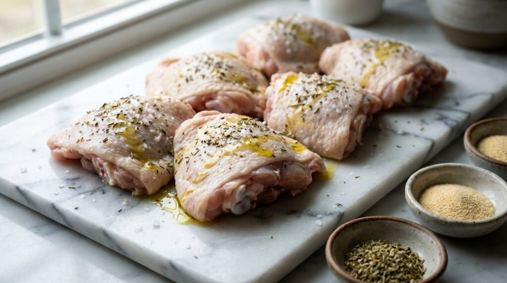 Chicken thighs being seasoned with AIP compliant herbs and spices