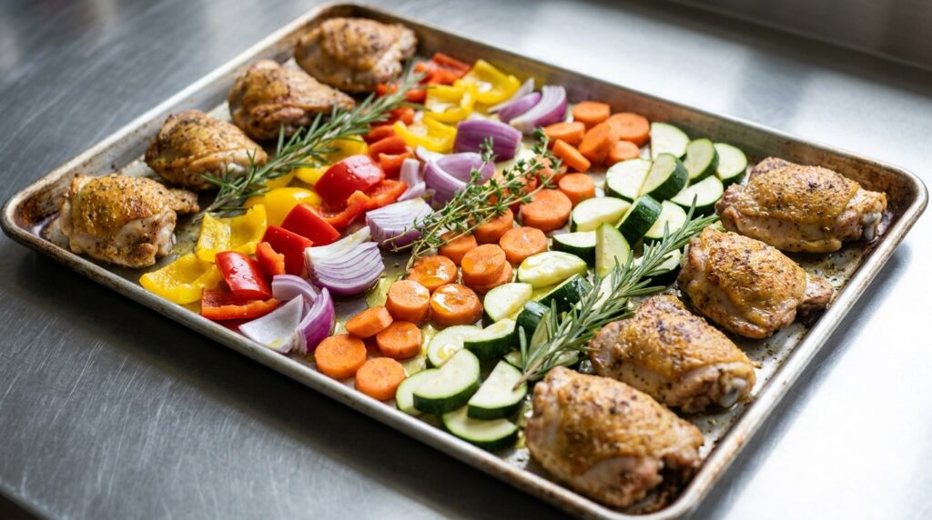 Chicken thighs and vegetables arranged on a sheet pan ready for the oven