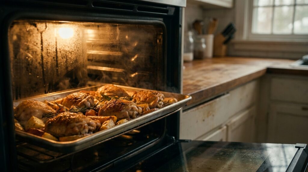 AIP sheet pan chicken and vegetables roasting in the oven