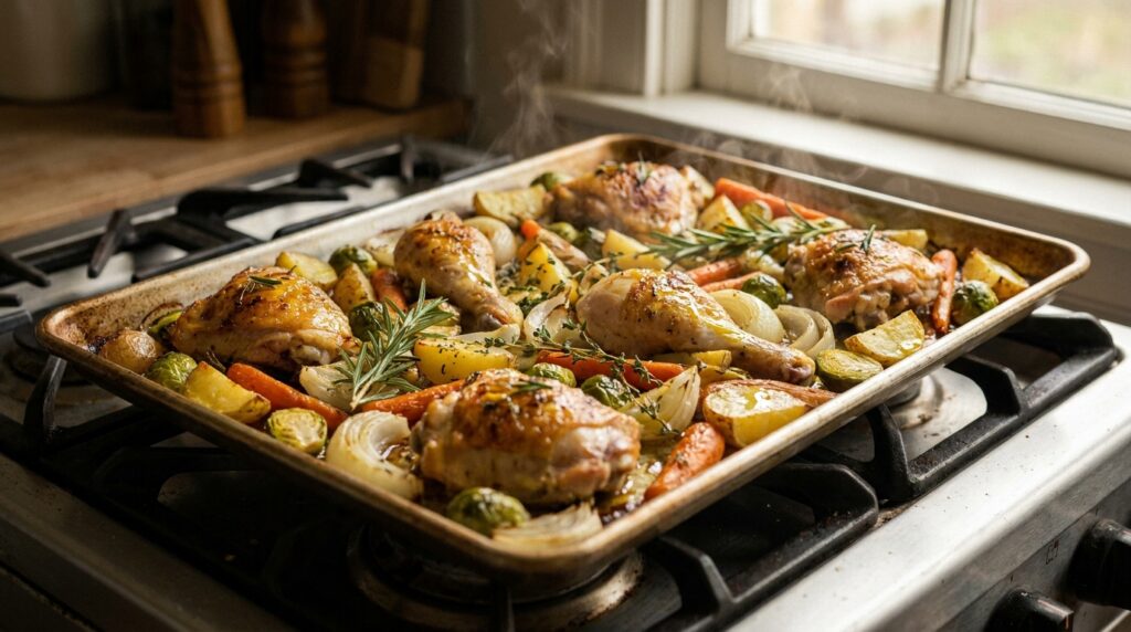 Fresh parsley and thyme sprinkled over the roasted sheet pan dinner