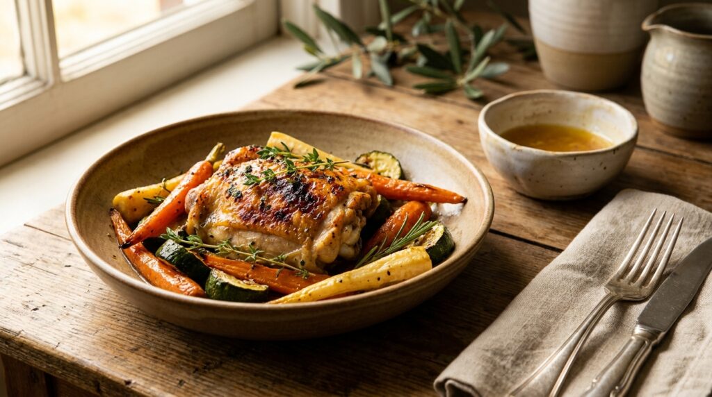 AIP sheet pan chicken and vegetables plated with lemon wedges