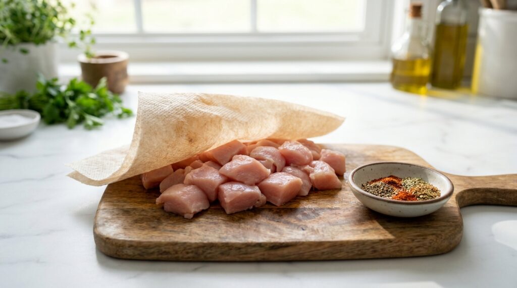 Dicing and patting chicken dry for a crispy spiced chickpea chicken bowl