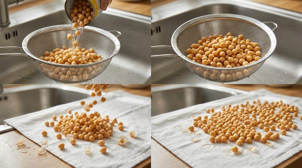 Chickpeas rinsed and dried for the crispy spiced chickpea chicken bowl