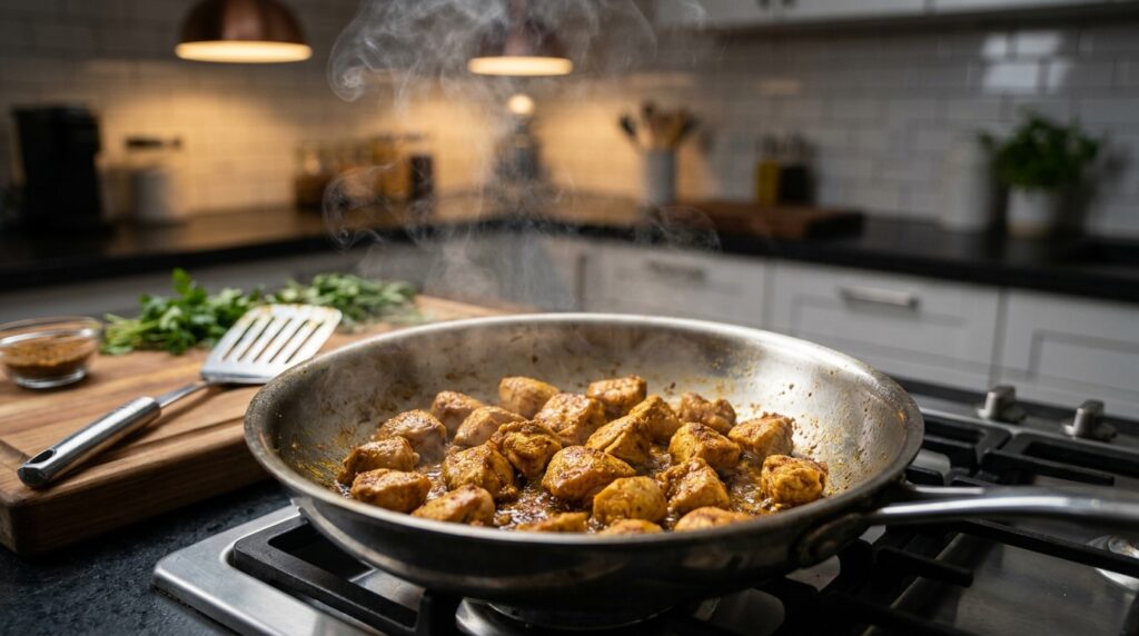 Spiced chicken searing in a hot skillet for the crispy spiced chickpea chicken bowl