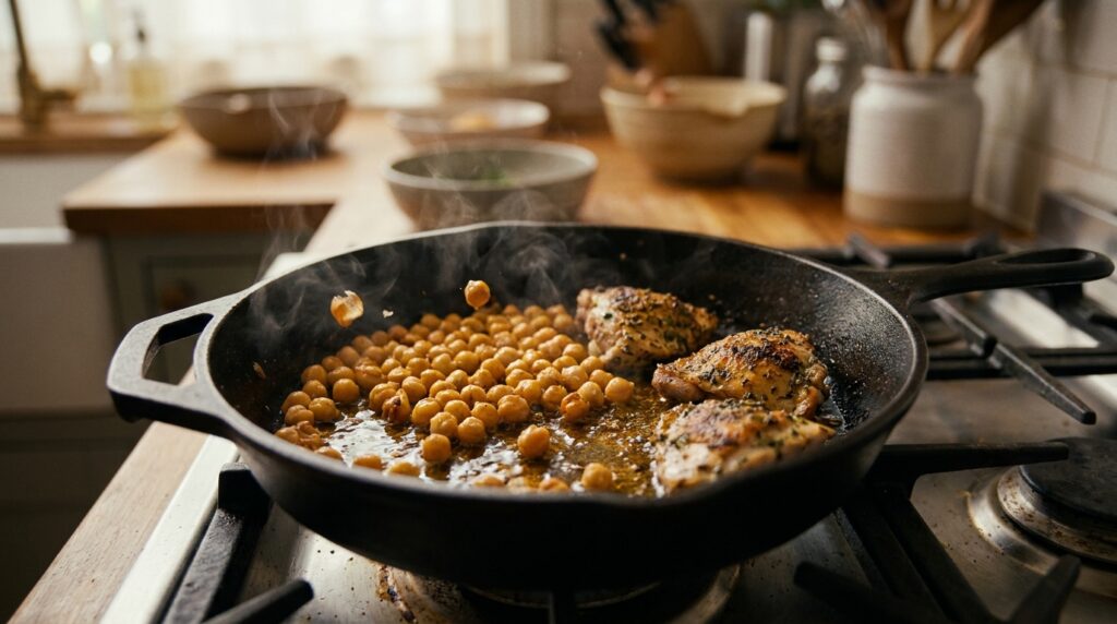 Chickpeas toasting until golden for the crispy spiced chickpea chicken bowl