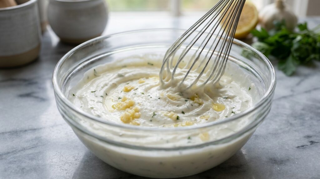 Garlic yogurt sauce for the crispy spiced chickpea chicken bowl whisked with lemon and herbs