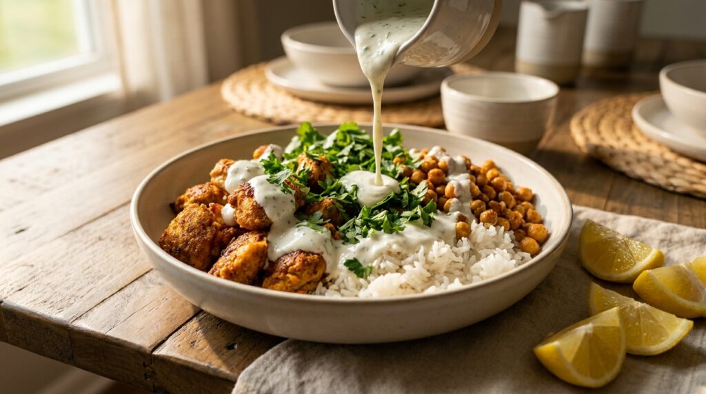 Crispy spiced chickpea chicken bowl assembled with rice, herbs and yogurt sauce