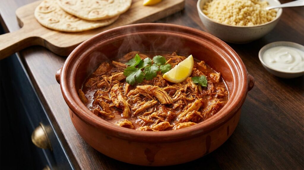 Overhead view of slow cooker Ras el Hanout pulled chicken garnished with fresh cilantro and sesame seeds, ready to serve.