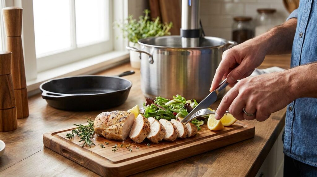 Perfectly seared sous vide chicken breast, sliced to reveal its incredibly juicy, tender interior, resting on a cutting board with herbs