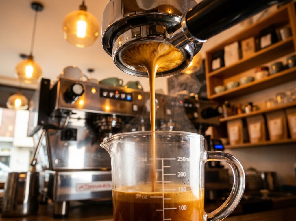 Brewing fresh espresso for iced cortado
