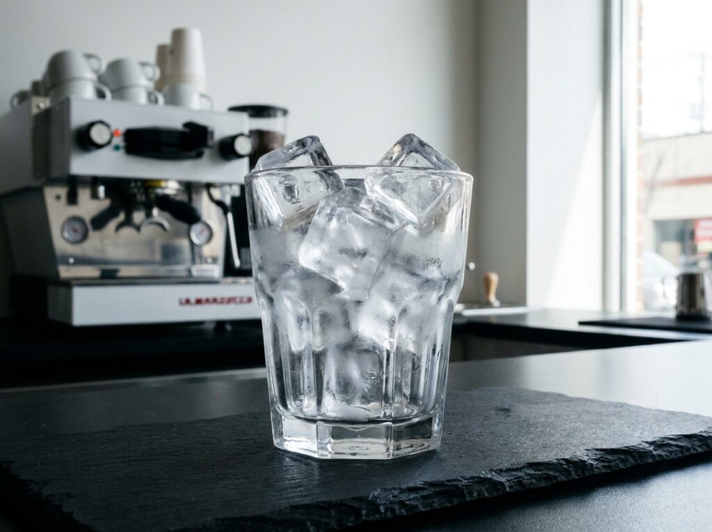 Chilling glass with ice cubes for iced cortado
