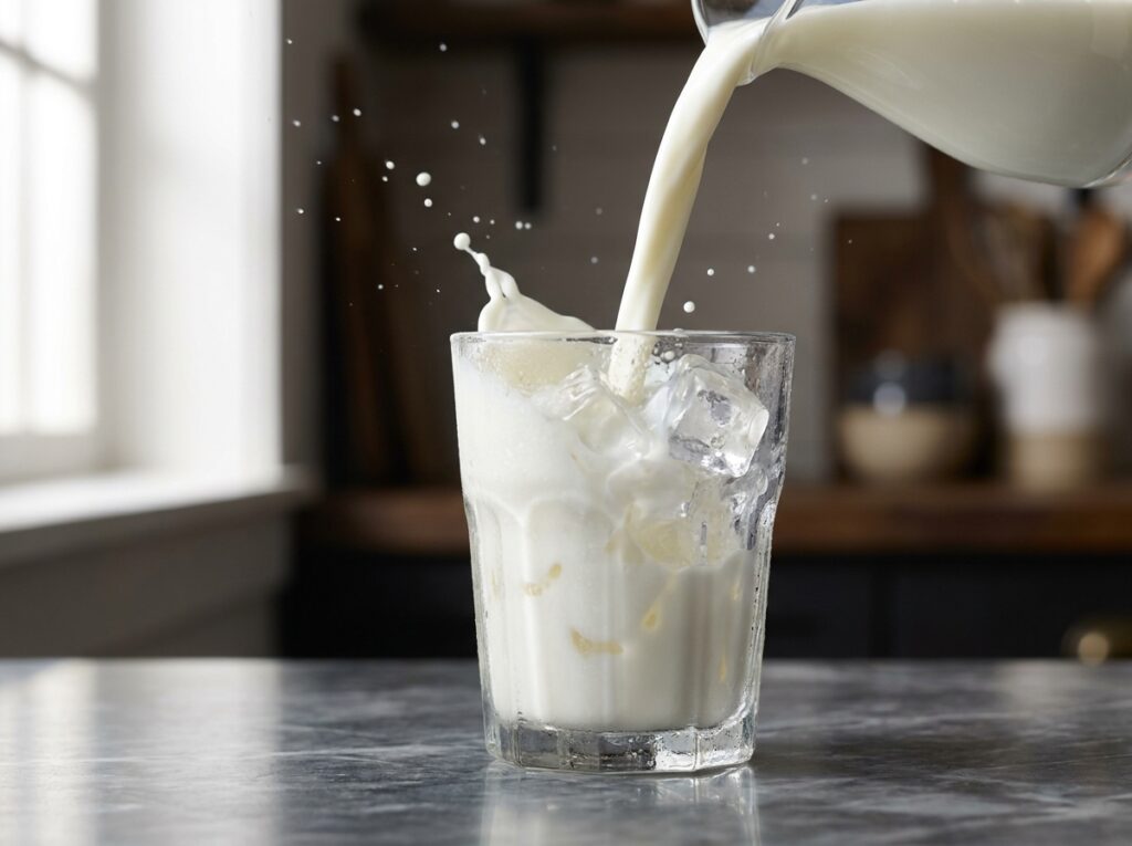 Pouring cold milk into chilled glass
